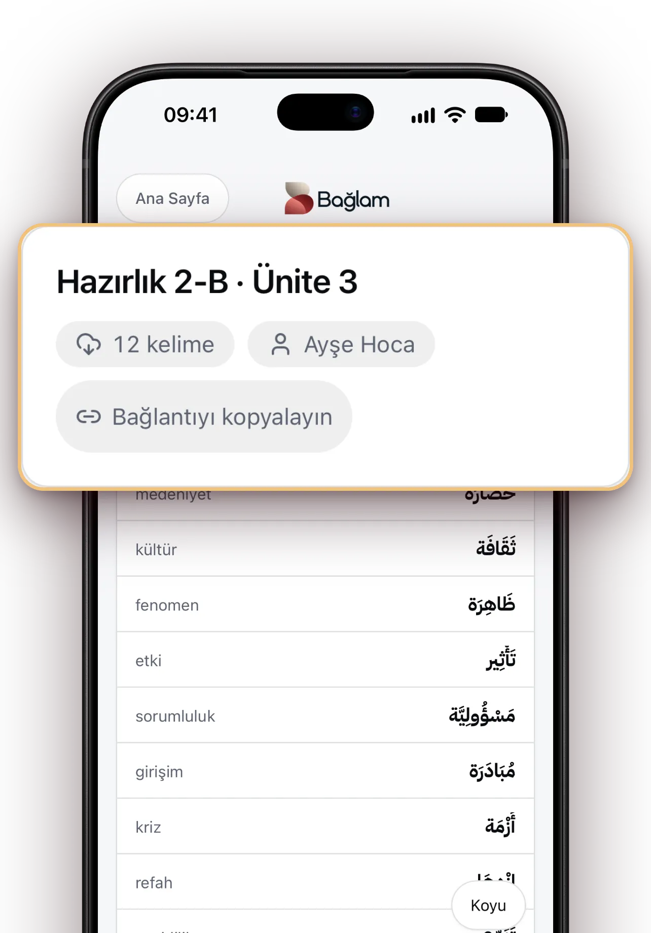 Paylaşılan liste telefonun tarayıcısında: kelimeler ve anlamları
