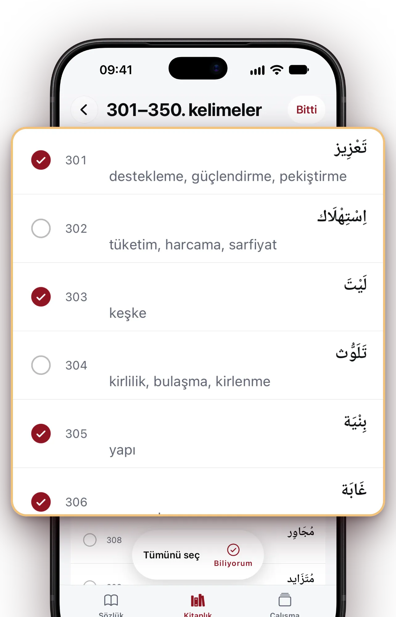 301–350. kelimeler: bilinen dört kelime işaretlenmiş, altta «Biliyorum» düğmesi