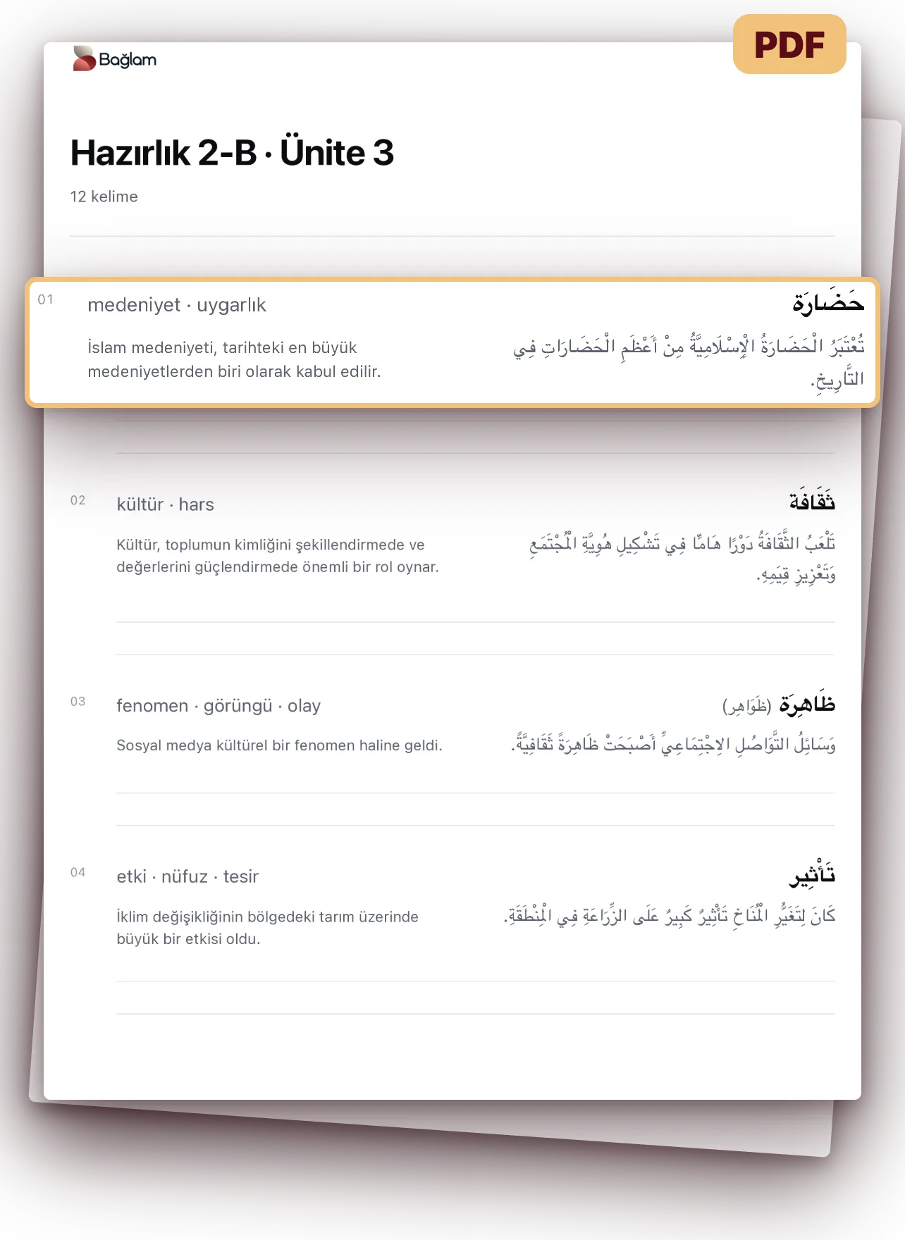 A4 çalışma kâğıdı: kelimeler, anlamları ve örnek cümleleri