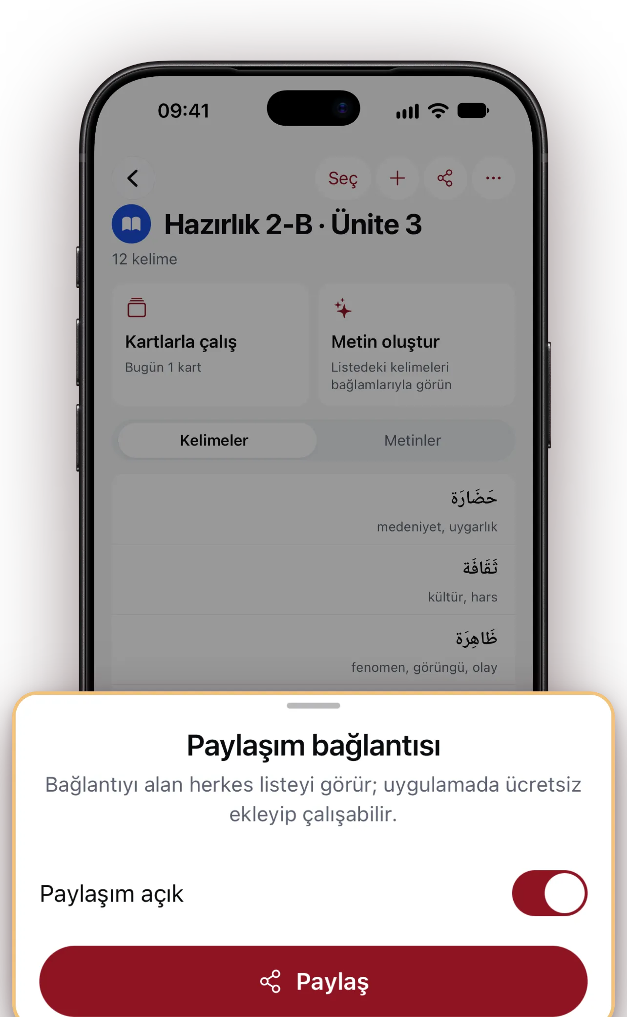 Kelime listesinin paylaşım ekranı: «Paylaşım açık» anahtarı ve «Paylaş» düğmesi