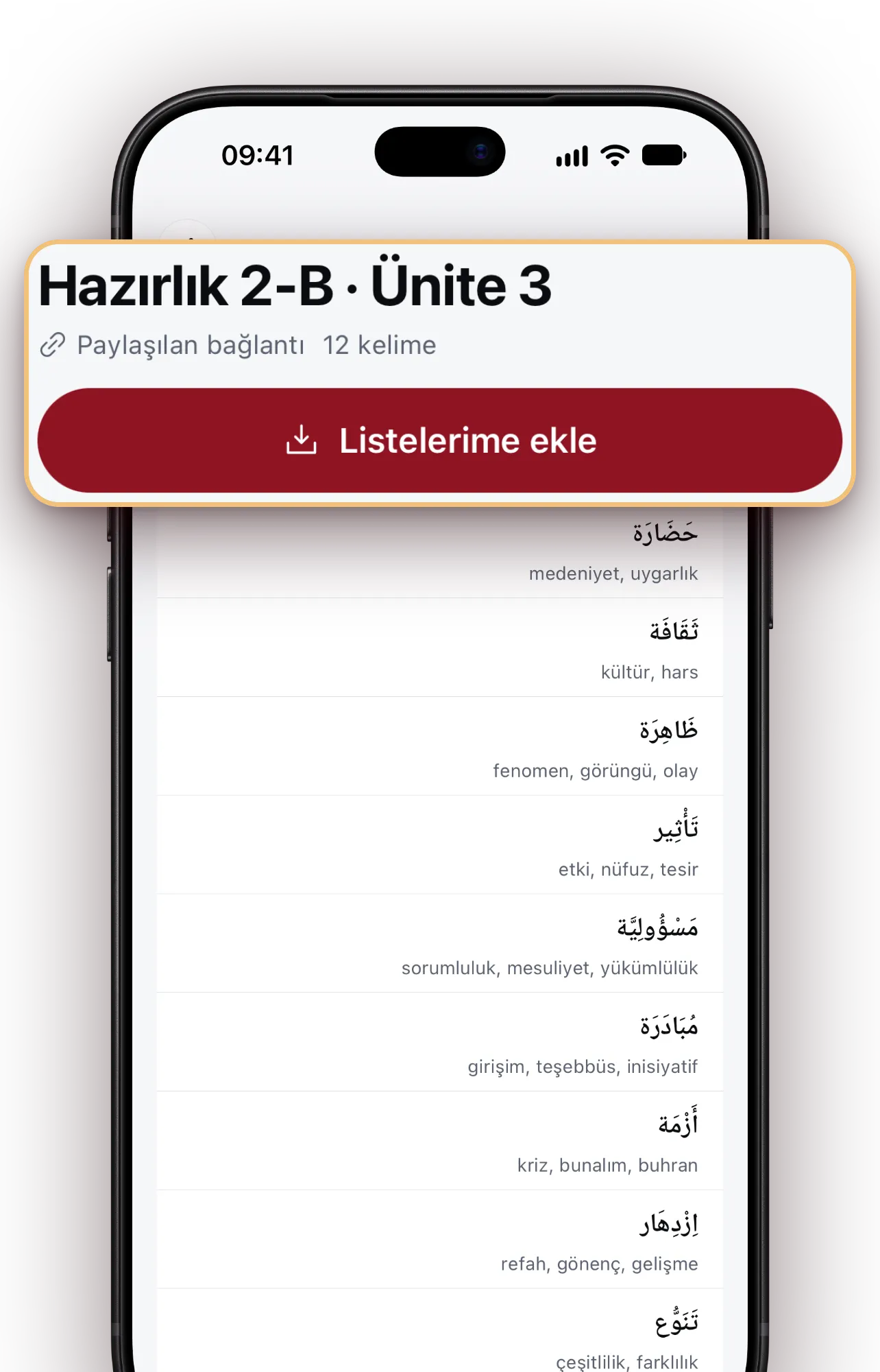 Bir hocanın paylaştığı liste uygulamada açılmış, üstünde «Listelerime ekle» düğmesi